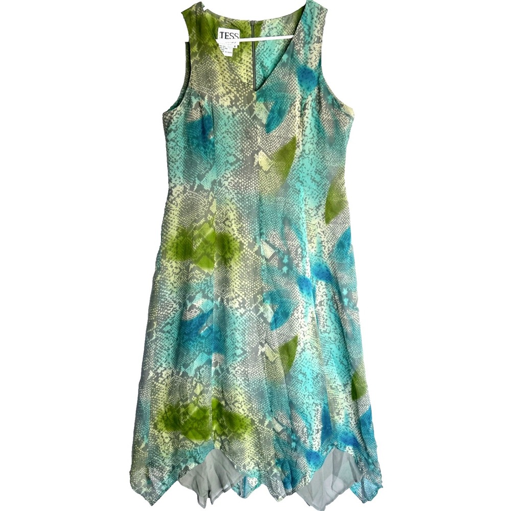 Vtg Pure Silk Tess Grunge Mermaid Chiffon Snake Fairy Hem Midi Dress Women 8 L M